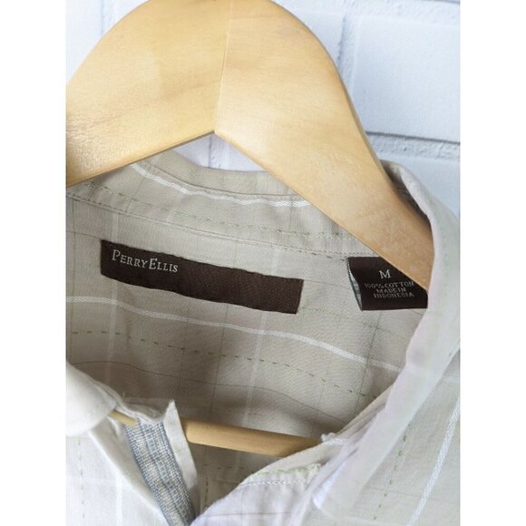 Perry Ellis Tan Plaid Button Down Short Sleeve Shirt Tan brown Men's Medium - Picture 4 of 12